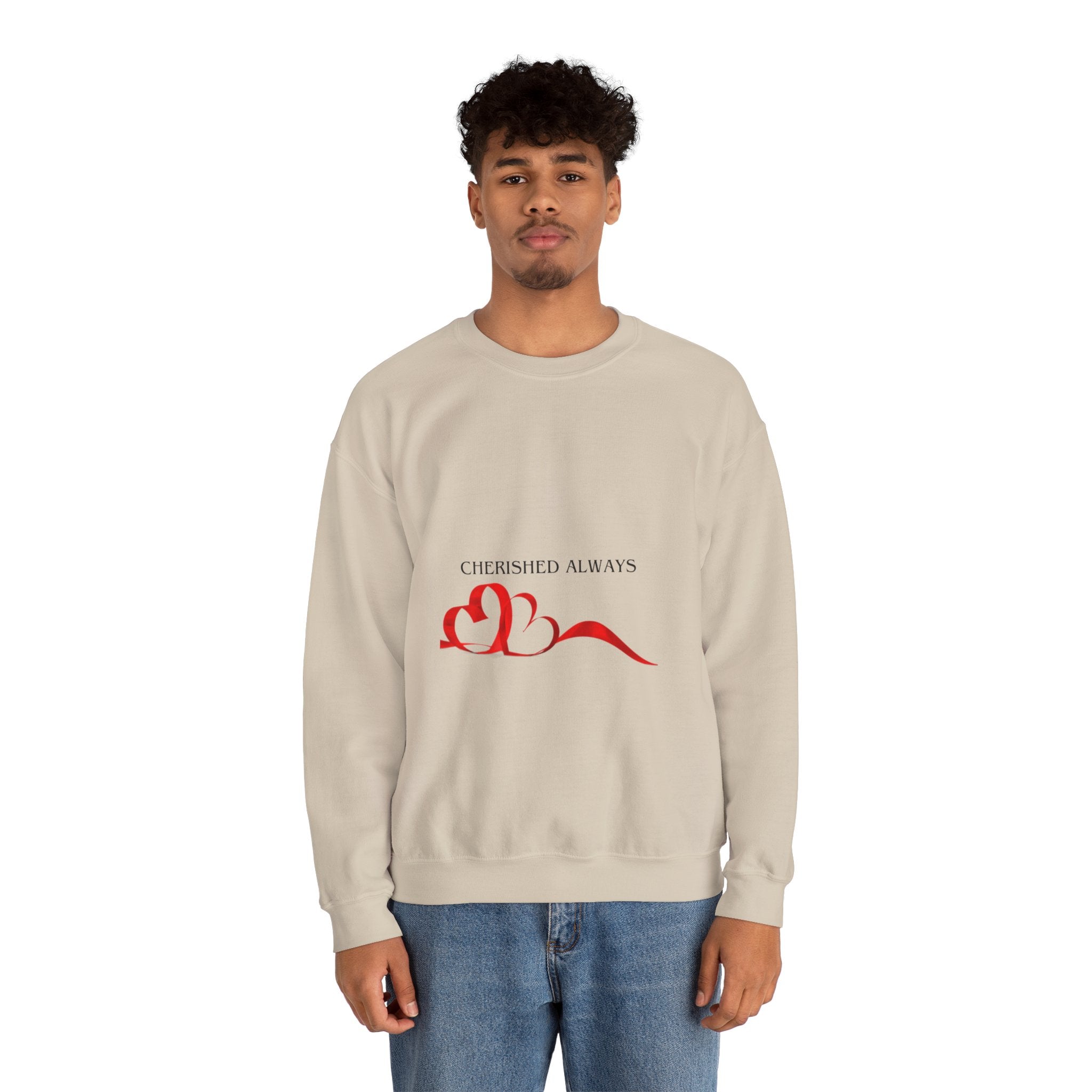 Crewneck Sweatshirt — "Cherished Always" Heart Ribbon Design