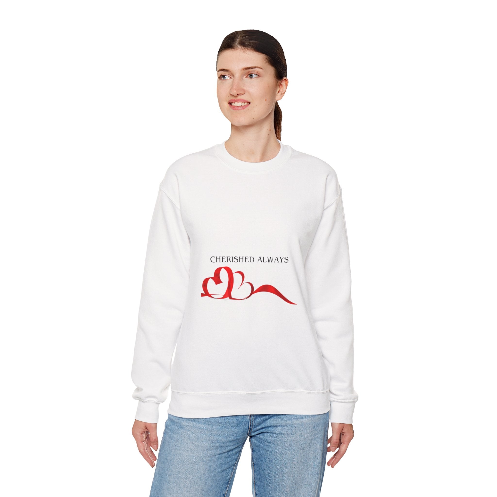 Crewneck Sweatshirt — "Cherished Always" Heart Ribbon Design